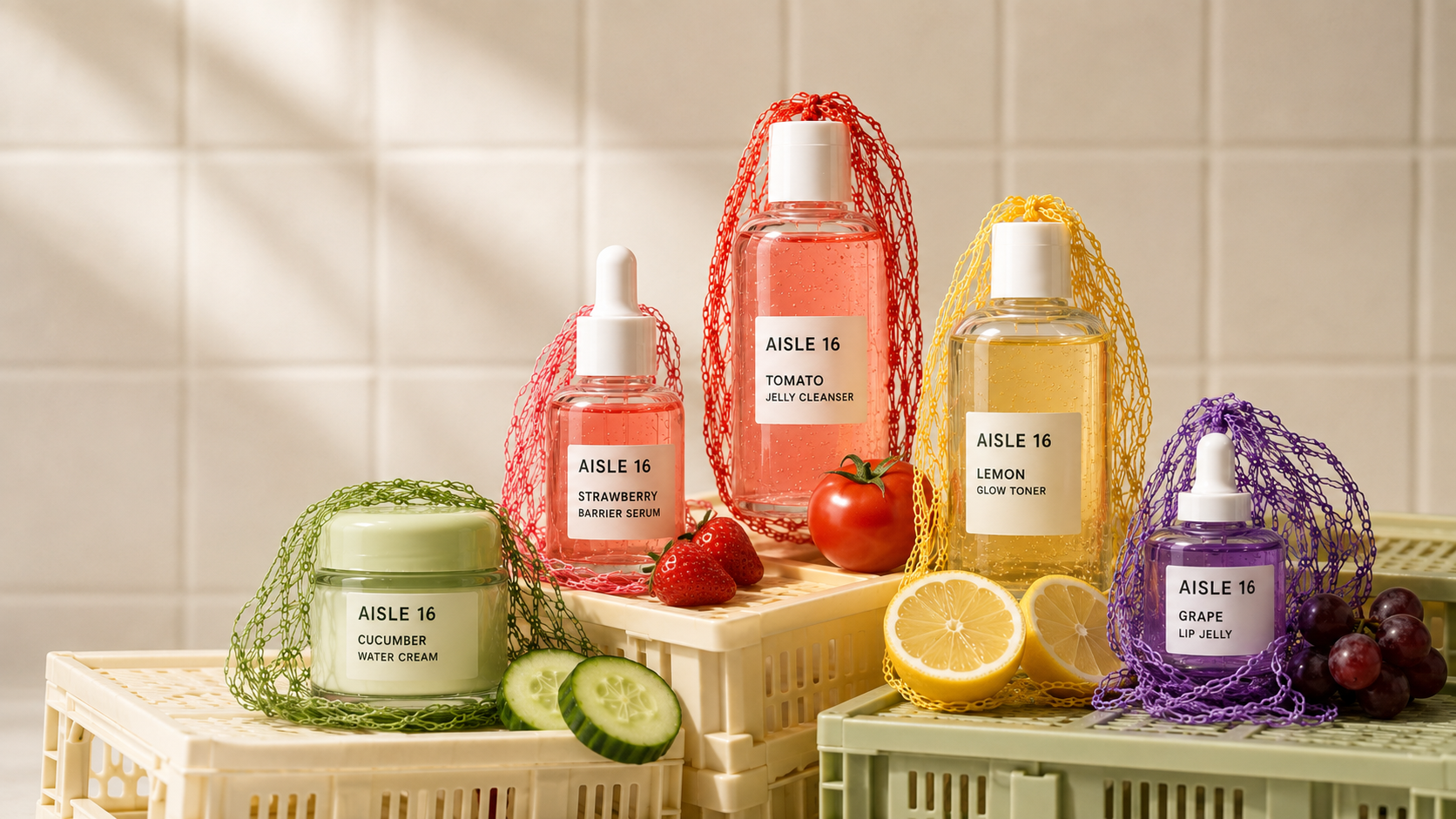 AISLE 16 skincare products staged with fresh produce